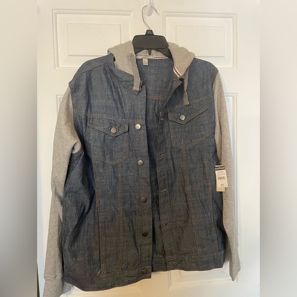 Beans X Bones Men’s Denim Hoodie Vest Jacket NWT Size Large Indigo & Gray Button - Picture 1 of 7
